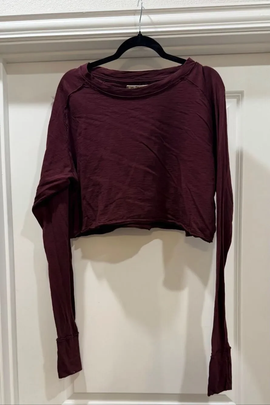 We The Free FP Movement Maroon Burgundy Long Sleeve Cropped Top Shirt Small S